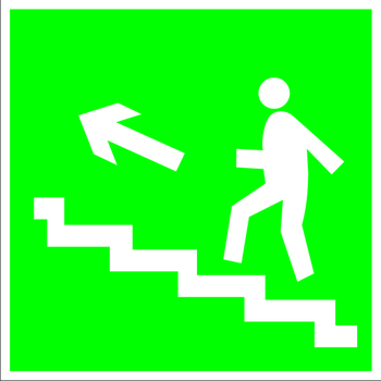 E16 направление к эвакуационному выходу по лестнице вверх (левосторонний) (пластик, 200х200 мм) - Знаки безопасности - Эвакуационные знаки - магазин "Охрана труда и Техника безопасности"